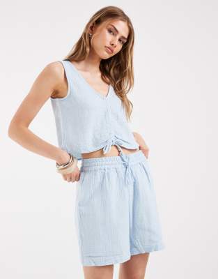 Pieces crinkle cotton high waisted shorts co-ord in pale blue