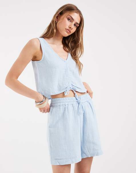 PIECES crinkle cotton high waisted shorts in pale blue (part of a set) - view 1
