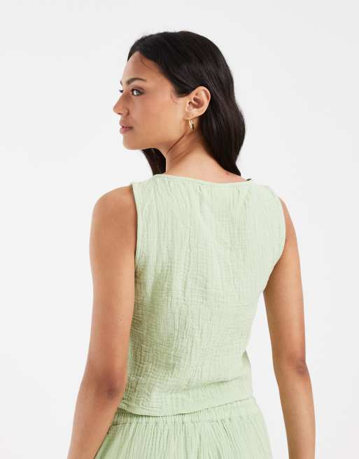 Pieces crinkle cotton sleeveless tie front top co-ord in apple green, 4 of 4