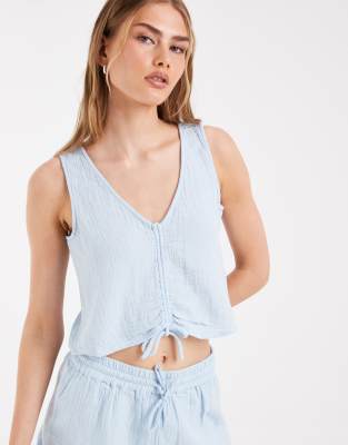 Pieces crinkle cotton sleeveless tie front top co-ord in pale blue