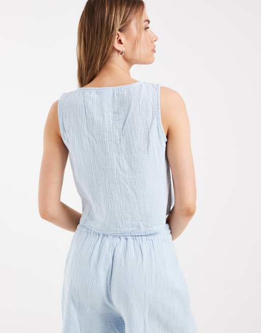 Pieces crinkle cotton sleeveless tie front top in pale blue - part of a set, 4 of 4