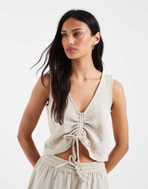 PIECES crinkle cotton sleeveless tie front top in warm gray - part of a set - view 1