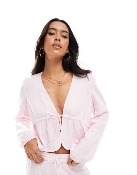 Pieces crinkle cotton tie front cropped blouse co-ord in light pink