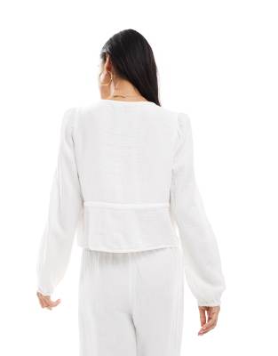 Pieces Crinkle Cotton Tie Front Cropped Blouse