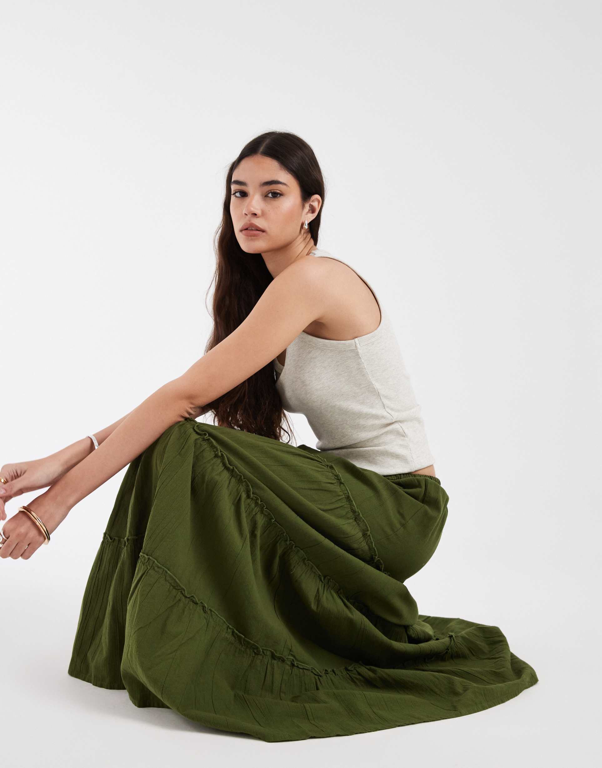 pieces crinkle cotton tiered boho maxi skirt in chive green