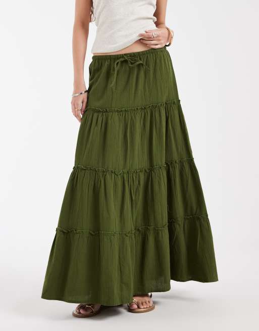 Pieces crinkle cotton tiered boho maxi skirt in chive green, 3 of 5