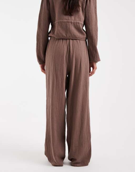 Pieces crinkle cotton wide leg trousers co-ord in chocolate brown, 5 of 5