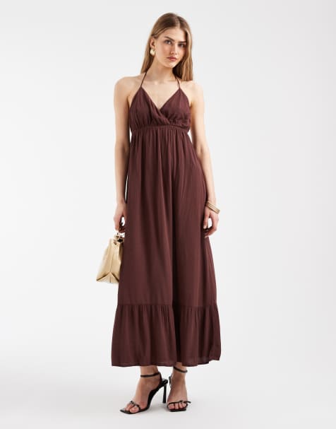 PIECES crinkle halter maxi dress in deep mahogany brown - view 1