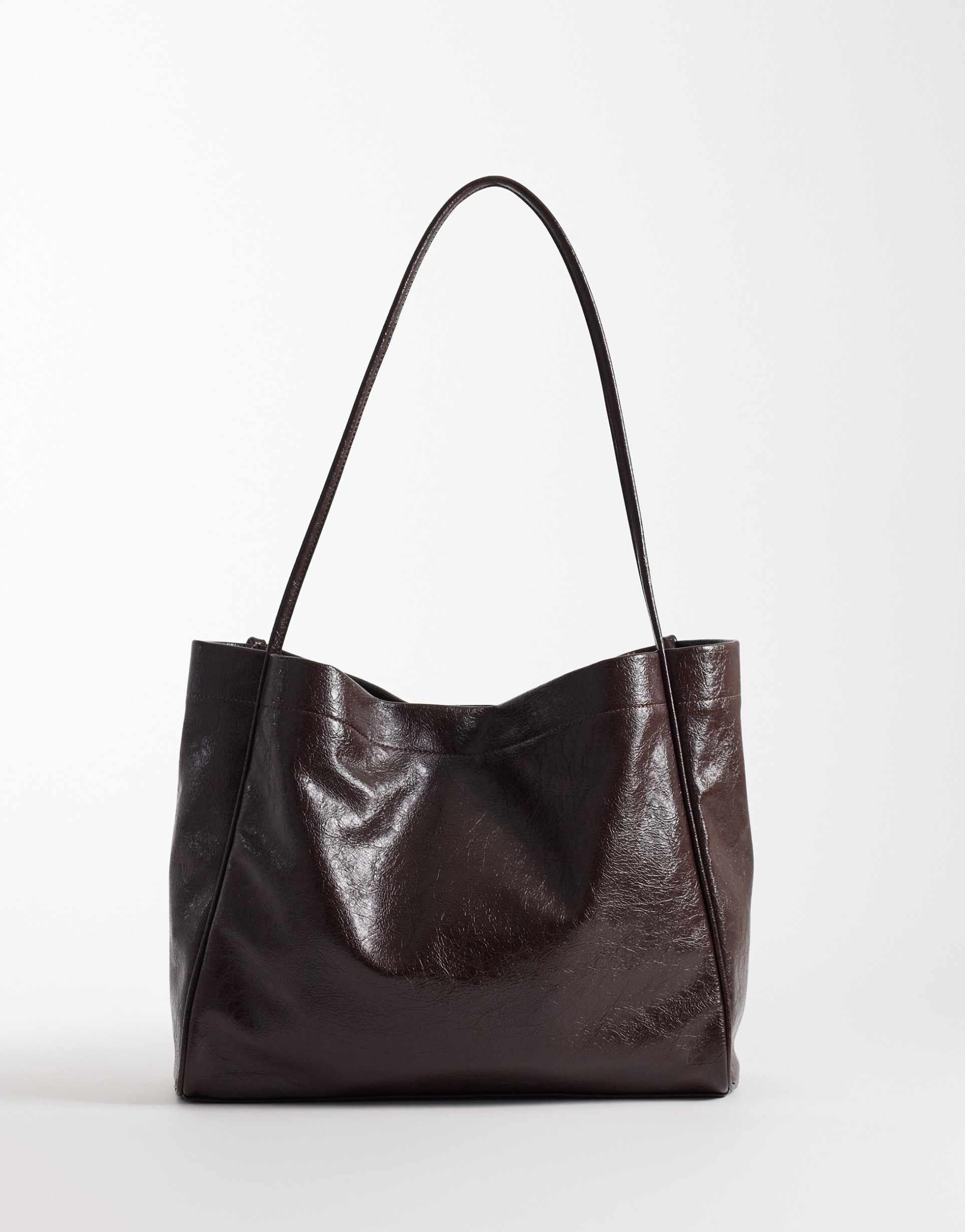 pieces crinkle patent faux leather bag in chocolate brown