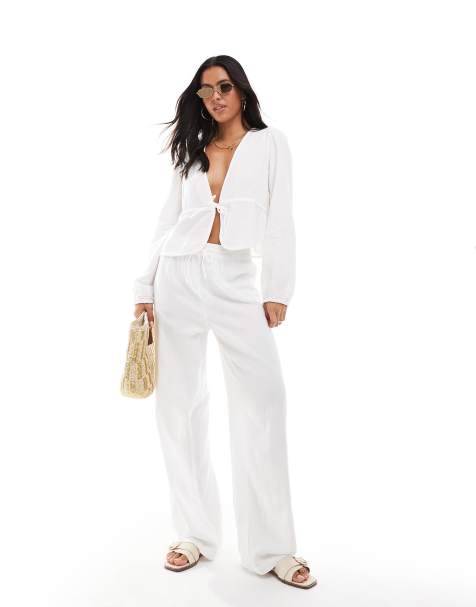 Pieces crinkle tie front top and pants set in white - view 1