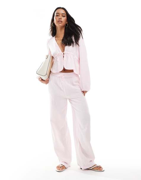 Pieces crinkle tie front top and trouser co-ord in light pink - view 1
