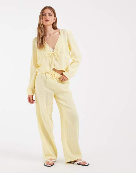 PIECES crinkled cotton wide leg pants in pastel yellow - part of a set - view 1