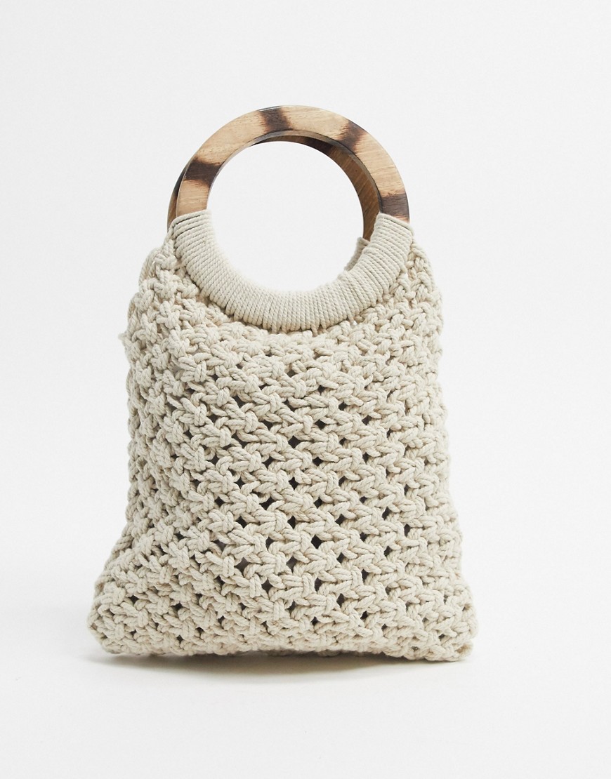Pieces crochet bag with wooden handle in beige
