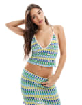 [Pieces] Pieces crochet cami crop top in green and blue stripe (part of a set)-Multi M Green blue stripe