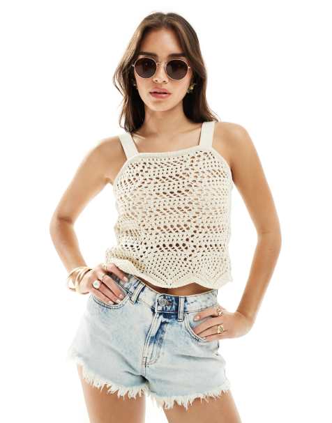 Pieces crochet cami top with wave hem in cream - view 1