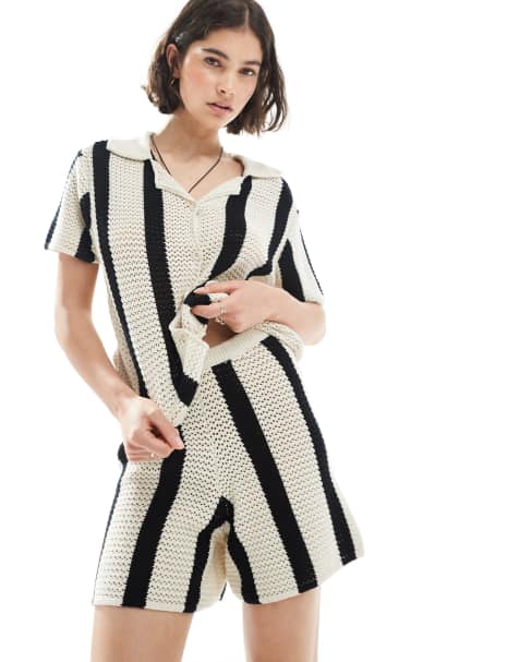 Pieces crochet knit short co-ord in black and white stripe - view 1