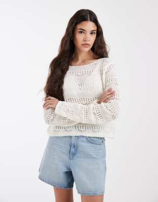 Pieces Crochet Knit Sweater In White
