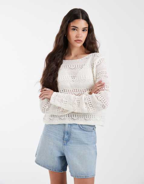 PIECES crochet knit sweater in cream - view 1