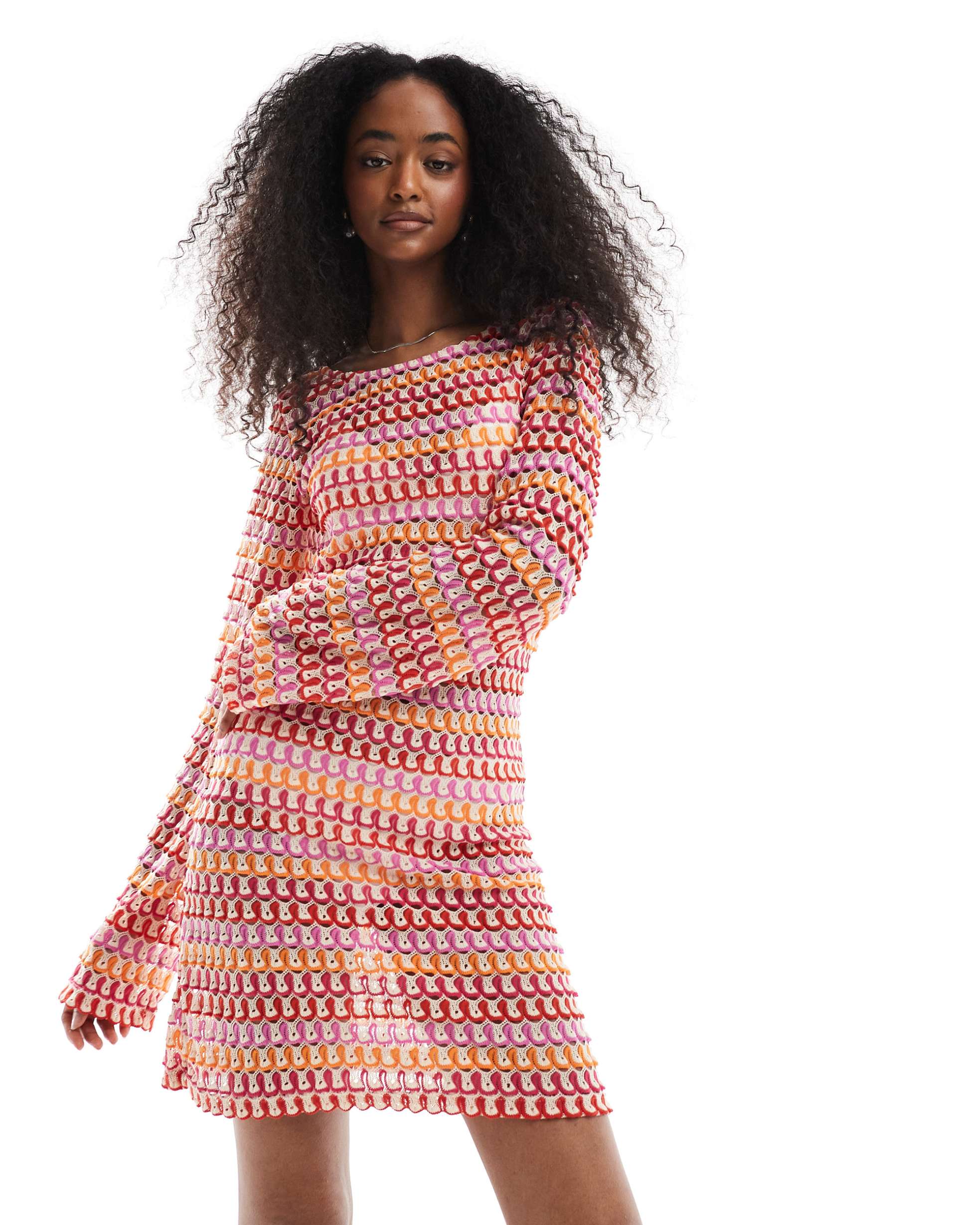 pieces crochet long sleeve mini dress in red and orange stripes