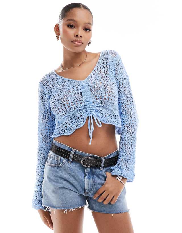 Pieces - crochet ruched front top in blue