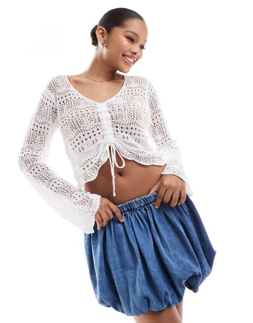 Pieces crochet ruched front top in white