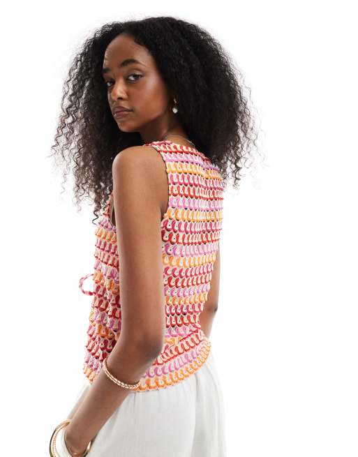 Pieces crochet sleeveless tie front top in red and orange stripe, 4 of 4