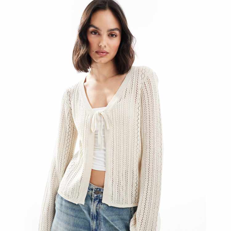 Pieces crochet tie front cardigan in birch cream | ASOS