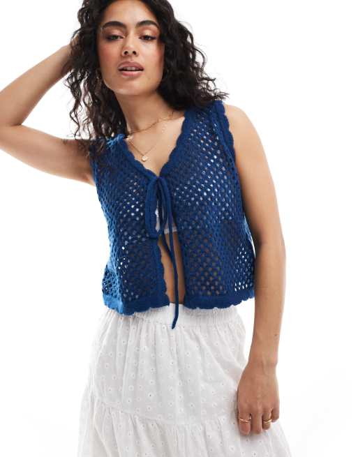 Pieces crochet tie front singlet top in navy blue