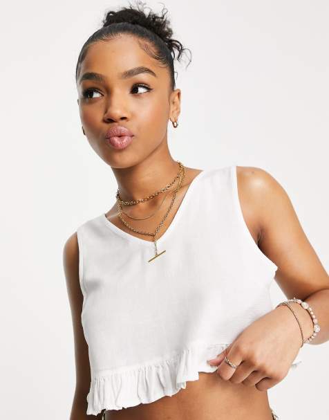 Pieces - Crop top met ruches langs de zoom in wit, deel van co-ord set - view 1