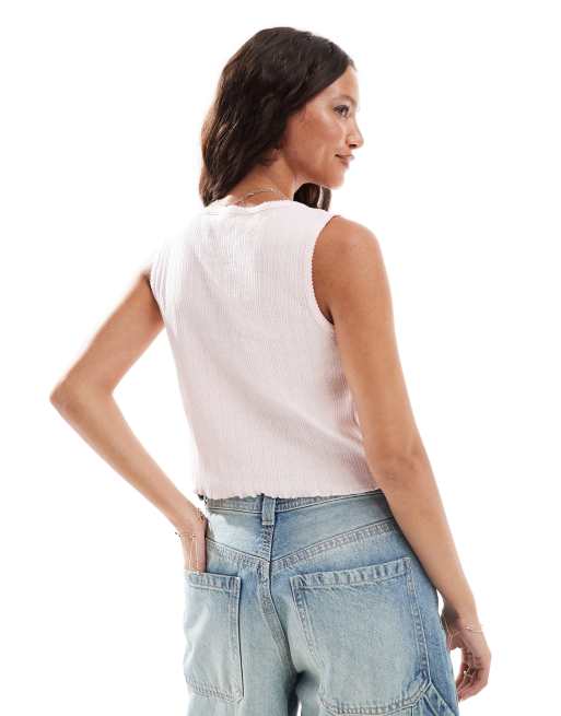 Pieces - Crop top senza maniche traforato rosa pallido con fiocco, 3 di 4