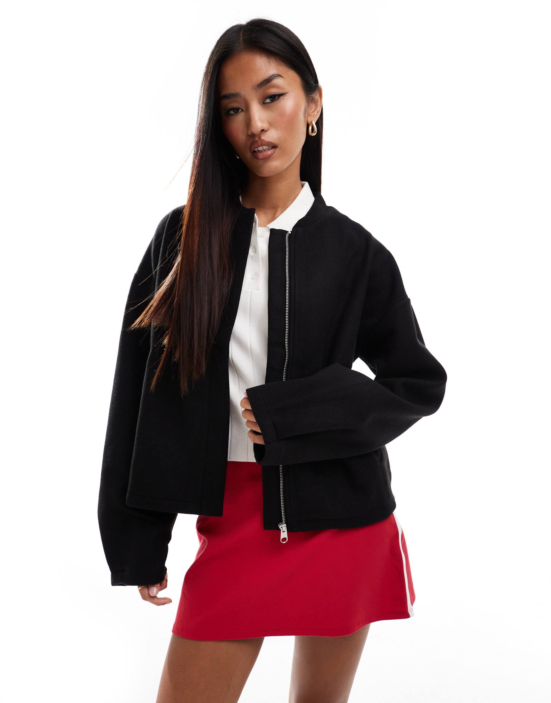 pieces cropped bomber jacket in black