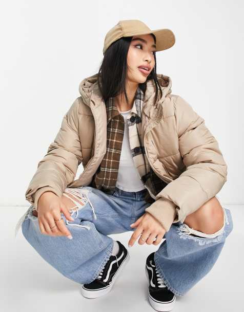 Pieces cropped padded jacket in camel  - view 1
