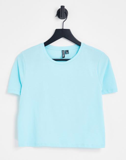 Pieces – Cropped-T-Shirt in Türkis