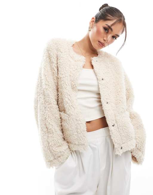 Pieces cropped teddy jacket in cream ASOS