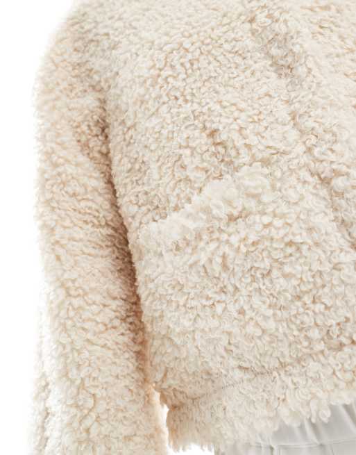 Pieces cropped teddy jacket in cream ASOS
