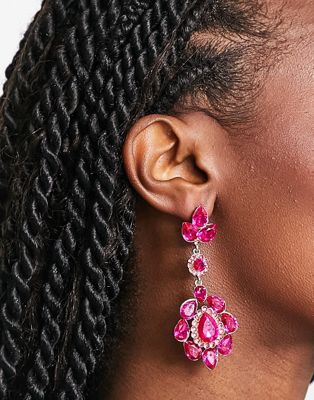 Pieces crystal drop statement earrings in bright pink