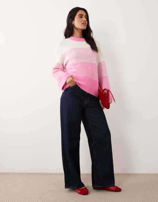 Pieces cunky knit oversized jumper in cream and pink, 2 of 4
