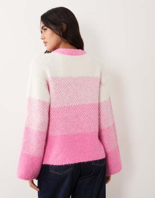 Pieces cunky knit oversized jumper in cream and pink, 3 of 4