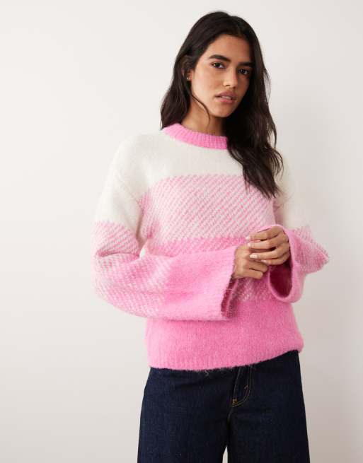 Pieces cunky knit oversized jumper in cream and pink, 4 of 4
