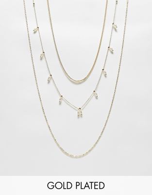 Pieces Curve 3 pack tiered necklaces with faux pearl detail in gold