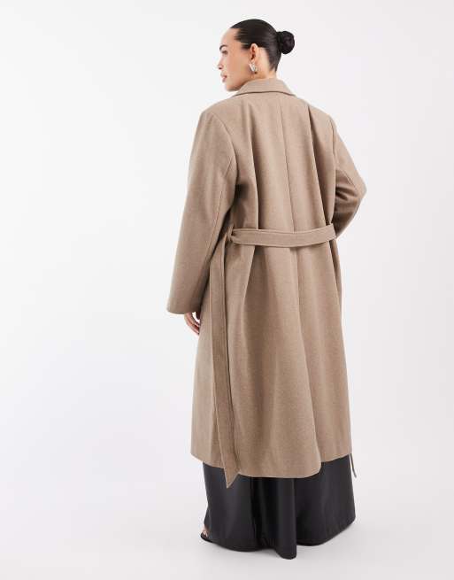 Pieces Curve abrigo largo formal de efecto lana con cintura anudada en beige jaspeado, 4 de 4
