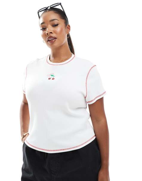 Pieces Curve baby tee with embroidered cherry graphic in white - view 1