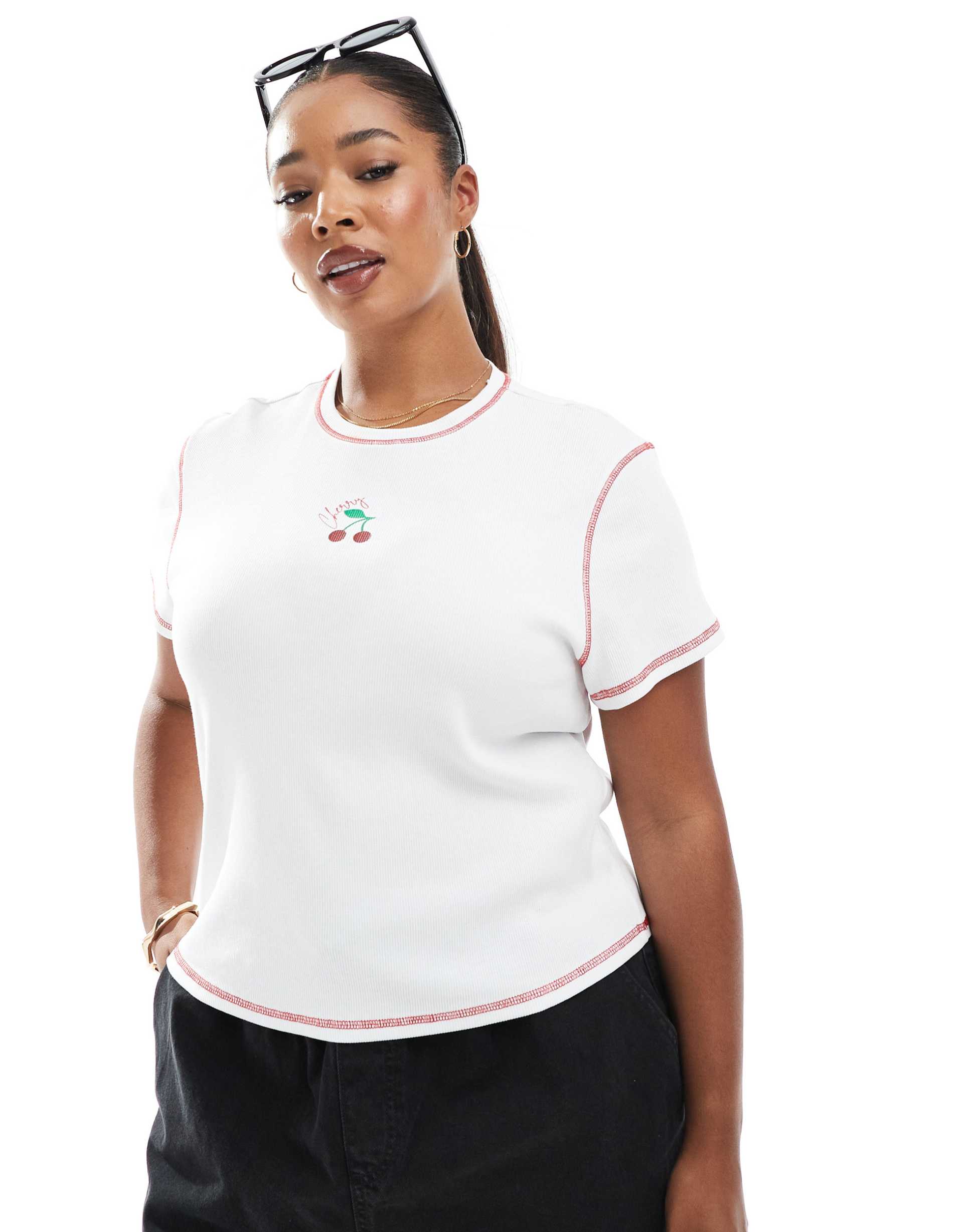 pieces curve baby tee with embroidered cherry graphic in white