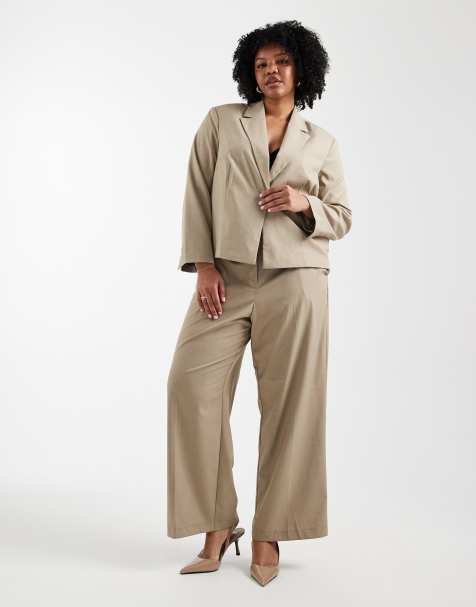 Pieces Curve - Beige skræddersyet sæt med kort blazer og bukser med brede ben - view 1