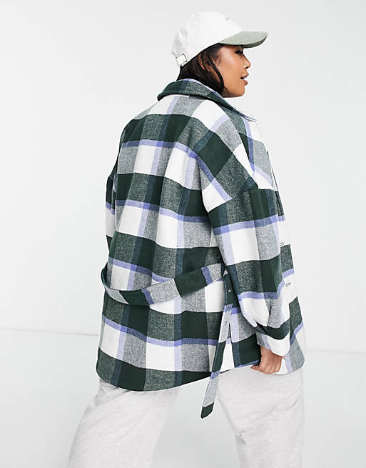  Pieces Curve belted wool shacket in mixed green check 