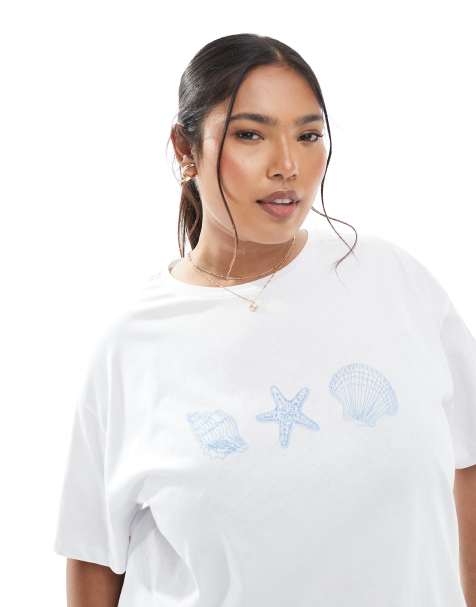 Pieces Curve – Biały T-shirt oversize z grafiką muszelek - view 1