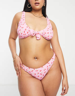 Pieces Plus Pieces Curve Tie Front Bikini Top In Pink Cherry Print