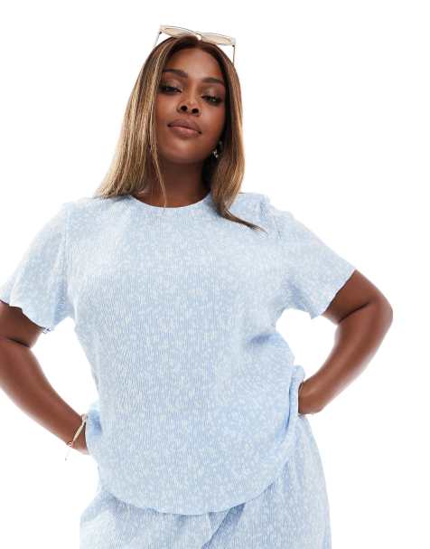 Pieces Curve – Blå, småblommig, liten, tätt plisserad t-shirt, del av set - view 1