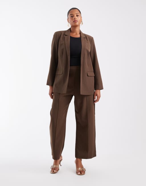 Pieces Curve blazer coordinato sartoriale a righe sottili color cioccolato, 2 di 4