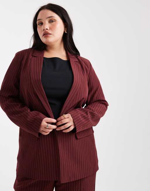 Pieces Curve - Blazer sartoriale bordeaux con motivo gessato in coordinato
